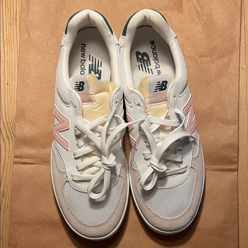 New Balance White and Light Pink and olive green suede and mesh Sneakers
